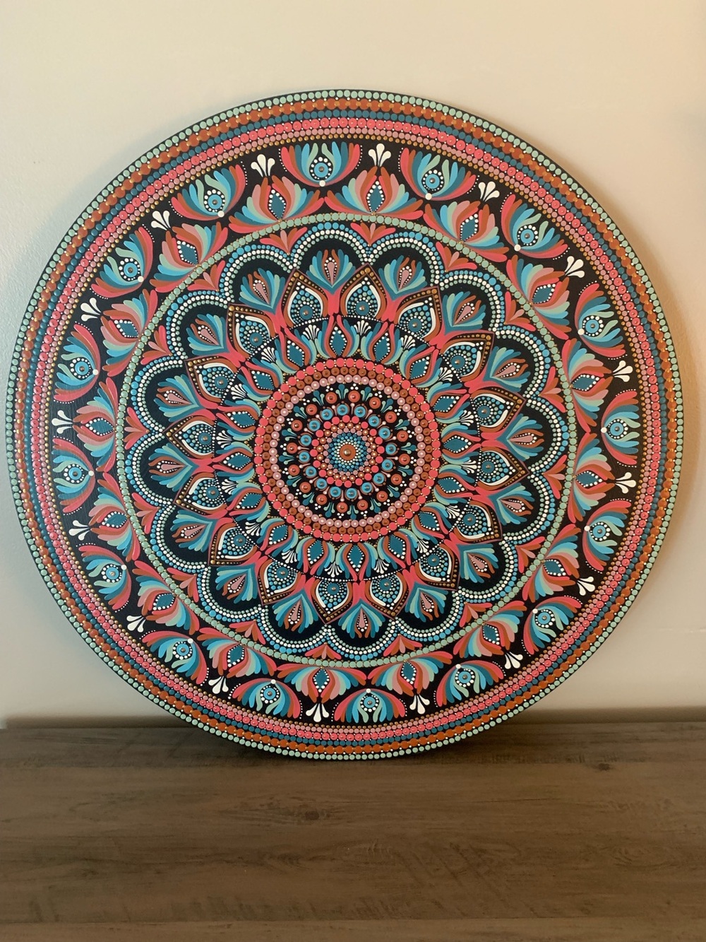 30” Original Hand-Painted Turquoise and Coral Mandala Wall Art - Home Wall Decor